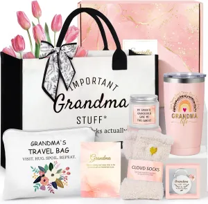 Suhctuptx Grandma Gifts, Christmas Birthday Gifts for Grandma, Best Funny Mothers Day Ideas Gift for Grandmother Grandparent Nana Basket Set from Granddaughter Grandson with Tote Bag Pink