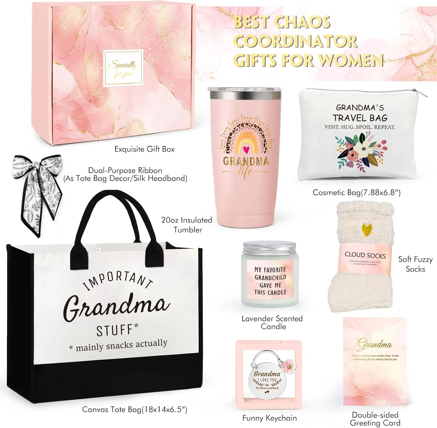 Suhctuptx Grandma Gifts, Christmas Birthday Gifts for Grandma, Best Funny Mothers Day Ideas Gift for Grandmother Grandparent Nana Basket Set from Granddaughter Grandson with Tote Bag Pink