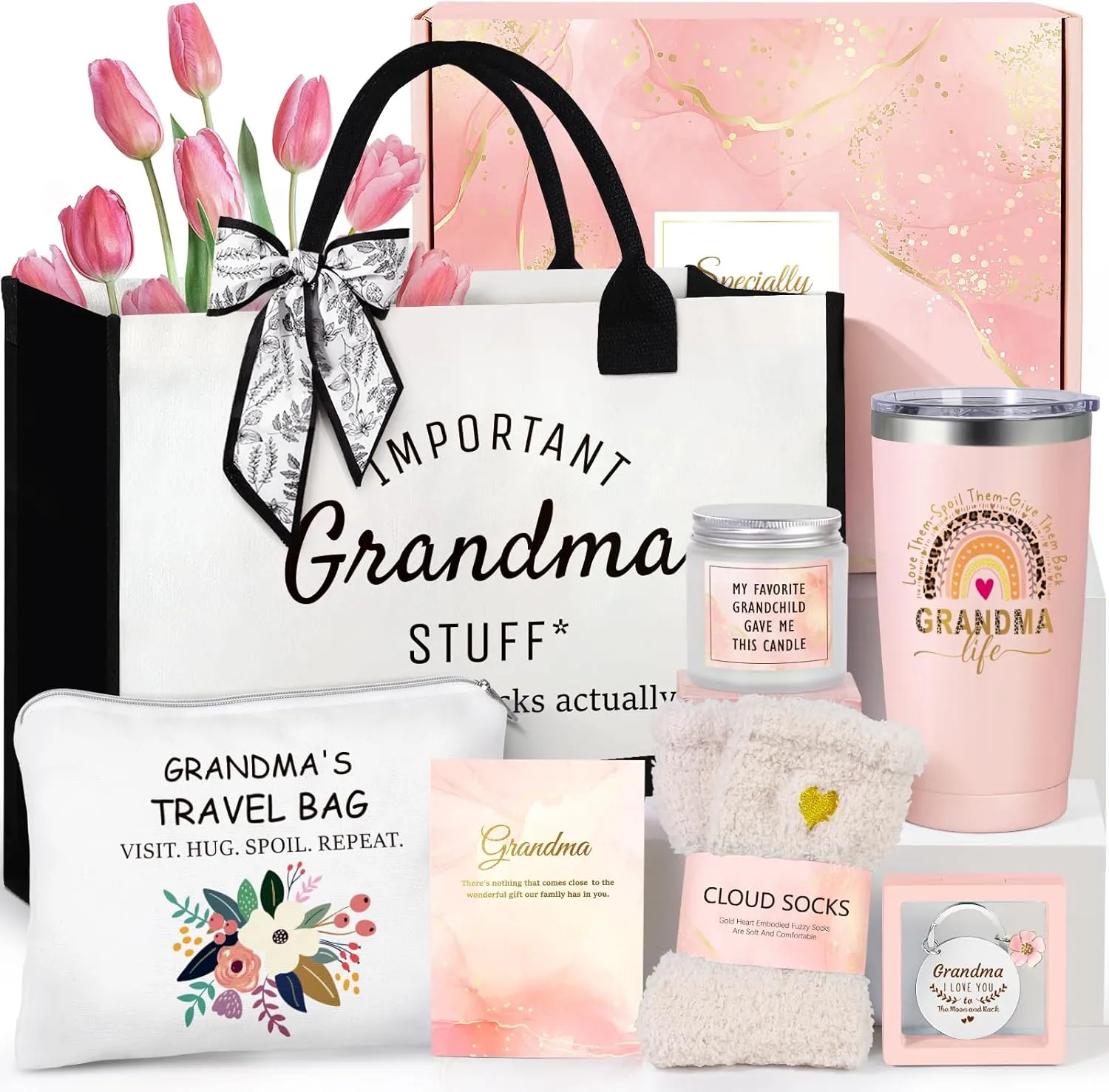 Suhctuptx Grandma Gifts, Christmas Birthday Gifts for Grandma, Best Funny Mothers Day Ideas Gift for Grandmother Grandparent Nana Basket Set from Granddaughter Grandson with Tote Bag Pink