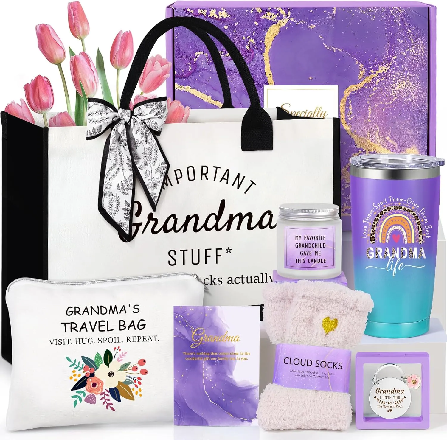 Suhctuptx Grandma Gifts, Christmas Birthday Gifts for Grandma, Best Funny Mothers Day Ideas Gift for Grandmother Grandparent Nana Basket Set from Granddaughter Grandson with Tote Bag Purple