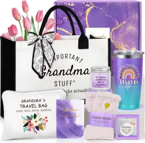 Suhctuptx Grandma Gifts, Christmas Birthday Gifts for Grandma, Best Funny Mothers Day Ideas Gift for Grandmother Grandparent Nana Basket Set from Granddaughter Grandson with Tote Bag Purple
