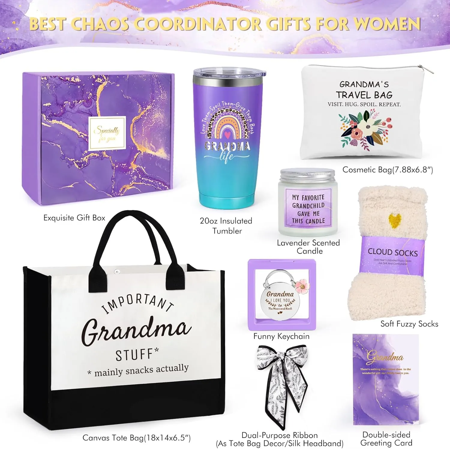 Suhctuptx Grandma Gifts, Christmas Birthday Gifts for Grandma, Best Funny Mothers Day Ideas Gift for Grandmother Grandparent Nana Basket Set from Granddaughter Grandson with Tote Bag Purple