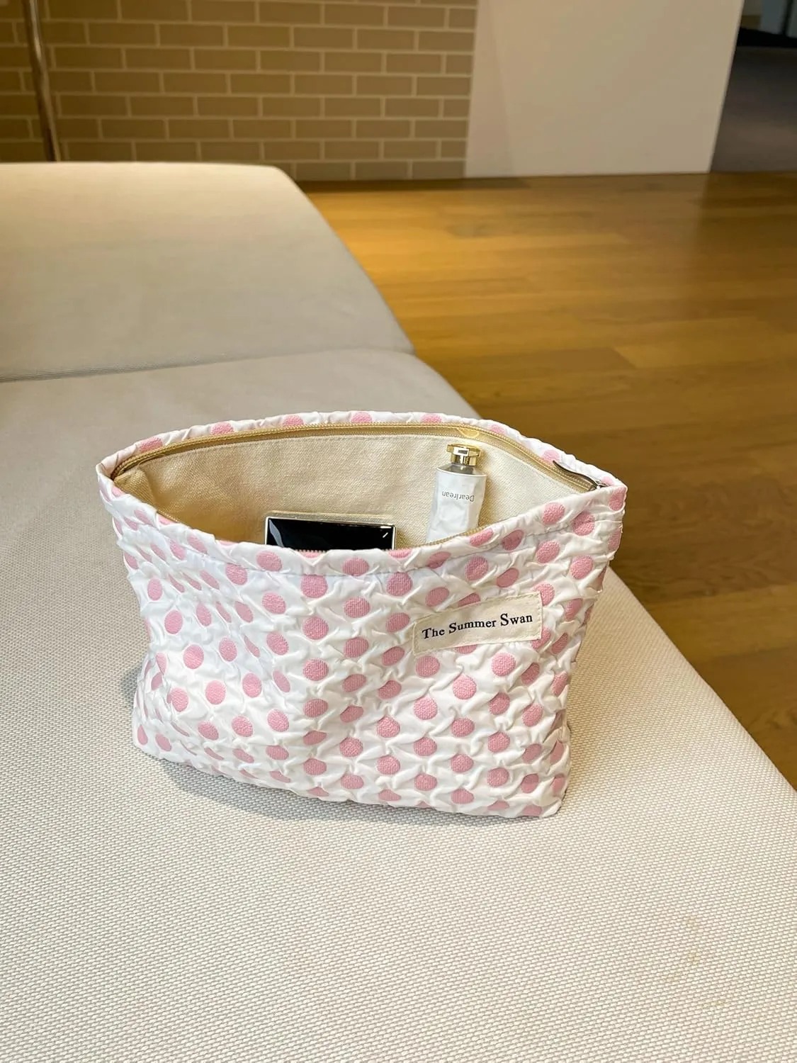 Summer Swan | Large Floral Mid-day Clutch | Period Kit & Hygiene Skincare Bag | Cute Polka Dots Pink