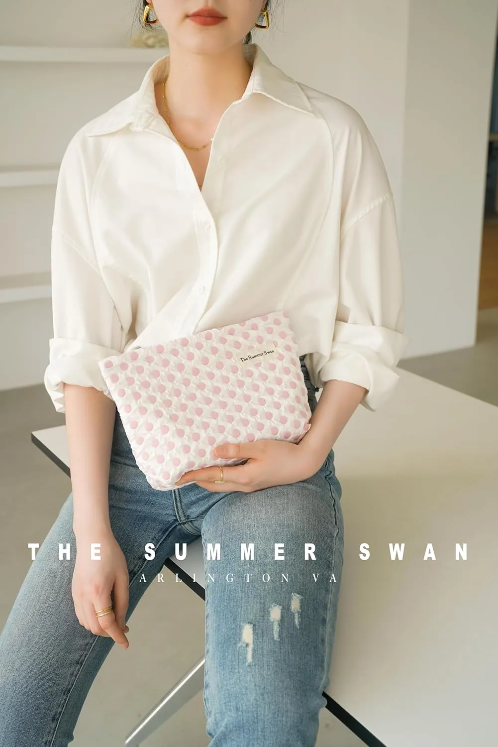 Summer Swan | Large Floral Mid-day Clutch | Period Kit & Hygiene Skincare Bag | Cute Polka Dots Pink