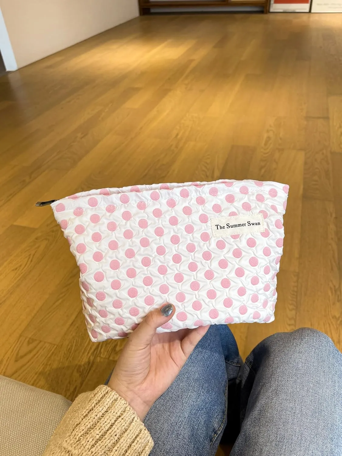 Summer Swan | Large Floral Mid-day Clutch | Period Kit & Hygiene Skincare Bag | Cute Polka Dots Pink