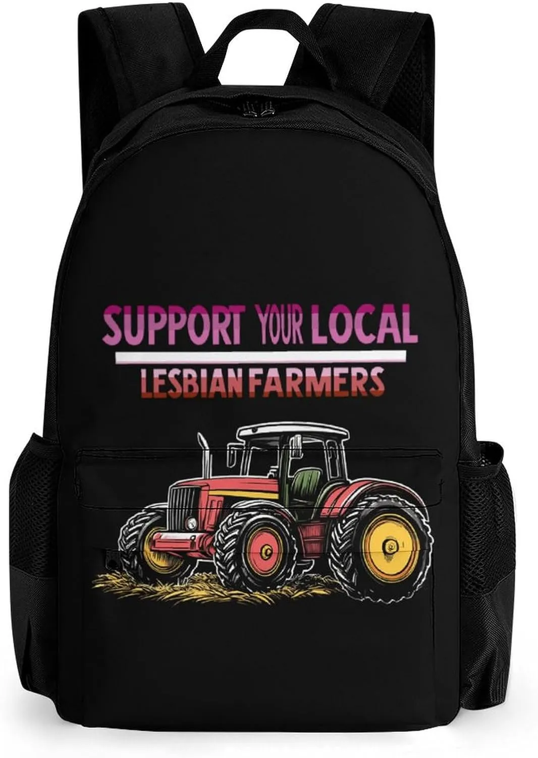 Support Your Local Lesbian Farmers Cute Backpack Travel Work Bag with Water Bottle Pocket Adjustable Padded Shoulder Straps Daypack 42x30.5cm