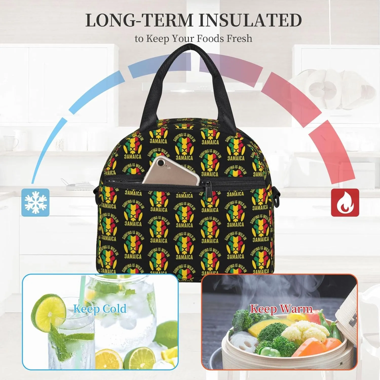 Surfing Is Wild In Jamaica Lion Sling Lunch Bag Portable Lunch Box Reusable Insulated Crossbody Lunchbags Cooler Tote Bag Meal Organizer for Picnic Work Travel