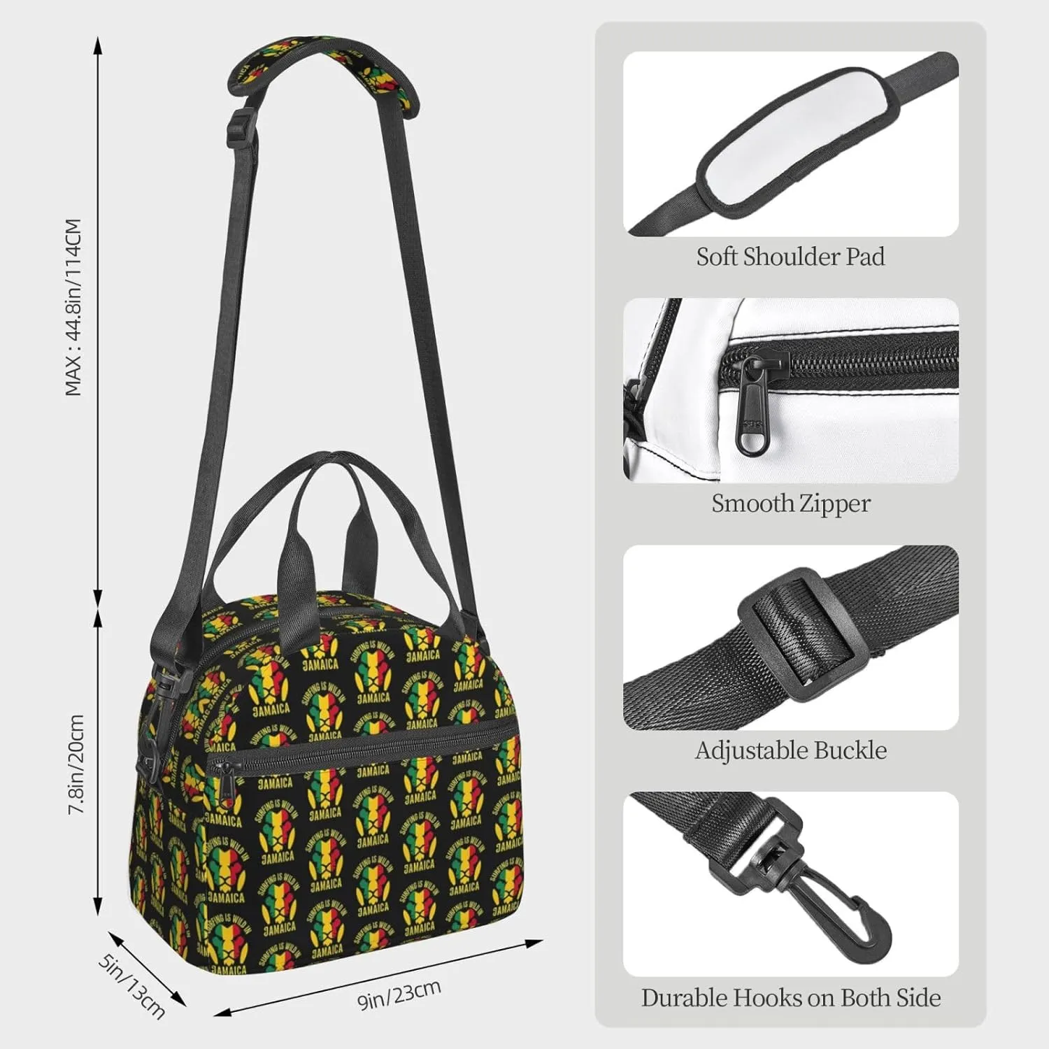 Surfing Is Wild In Jamaica Lion Sling Lunch Bag Portable Lunch Box Reusable Insulated Crossbody Lunchbags Cooler Tote Bag Meal Organizer for Picnic Work Travel