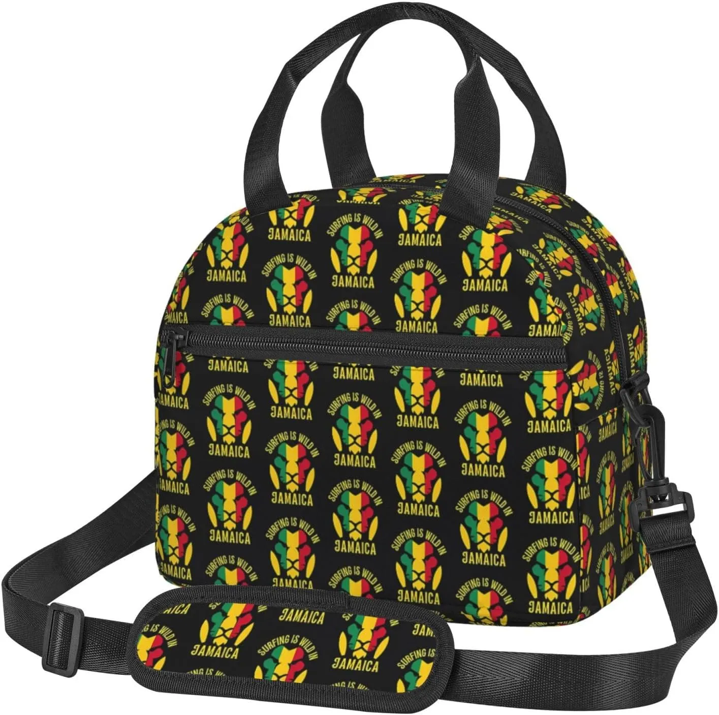 Surfing Is Wild In Jamaica Lion Sling Lunch Bag Portable Lunch Box Reusable Insulated Crossbody Lunchbags Cooler Tote Bag Meal Organizer for Picnic Work Travel