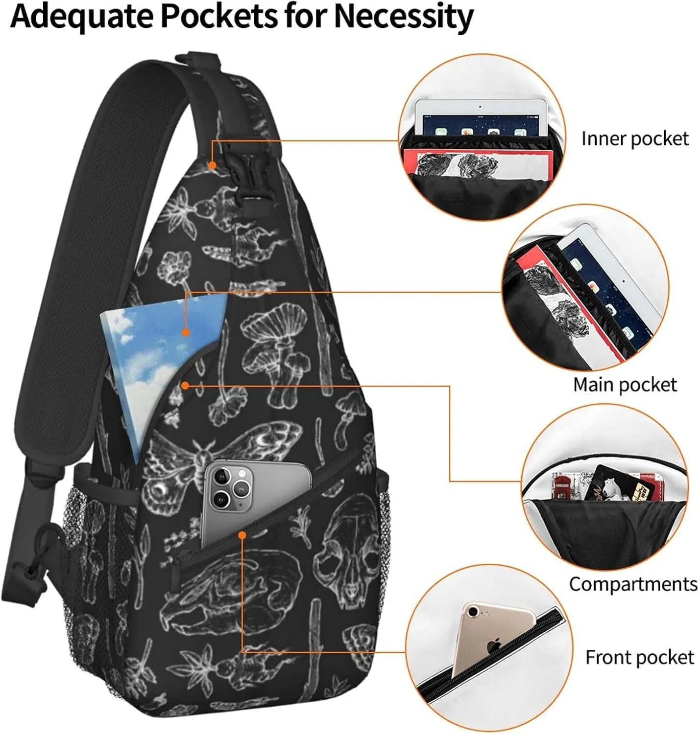 SWEET TANG Men and Women Sling Bag Chest Daypack Shoulder Backpack Crossbody for Hiking Camping Running Large Capacity Anti-Theft Rucksack Butterfly Skull Head Mushroom Leaf Specimen