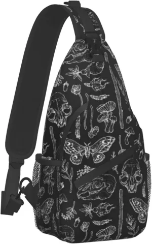 SWEET TANG Men and Women Sling Bag Chest Daypack Shoulder Backpack Crossbody for Hiking Camping Running Large Capacity Anti-Theft Rucksack Butterfly Skull Head Mushroom Leaf Specimen