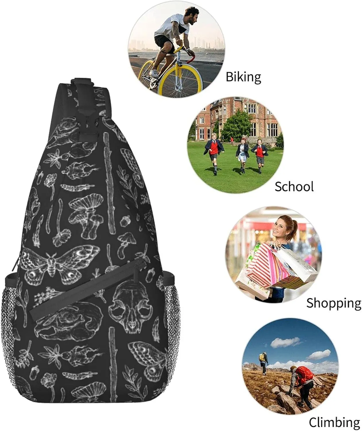 SWEET TANG Men and Women Sling Bag Chest Daypack Shoulder Backpack Crossbody for Hiking Camping Running Large Capacity Anti-Theft Rucksack Butterfly Skull Head Mushroom Leaf Specimen