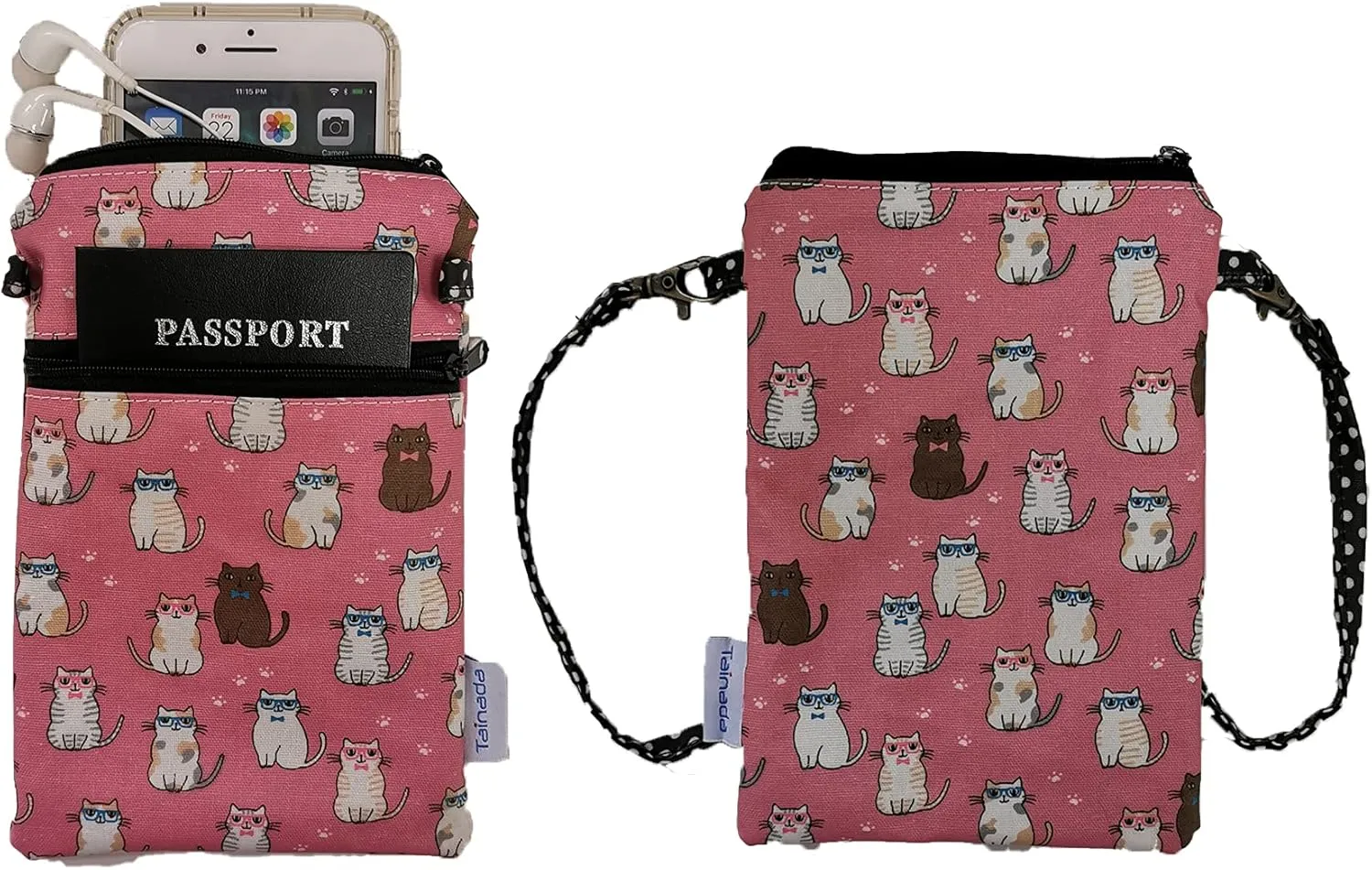 Tainada Women Crossbody Shoulder Travel Zippered Wallet Purse Clutch Phone Bag w/Detachable Strap (Cats Pattern Pink)