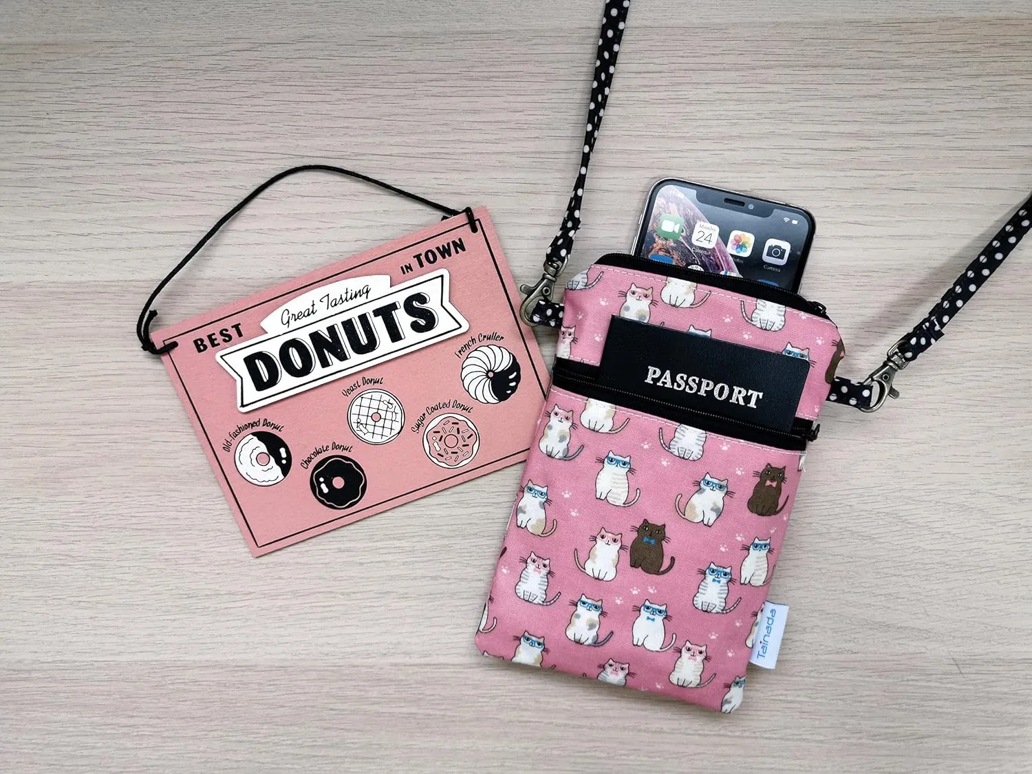 Tainada Women Crossbody Shoulder Travel Zippered Wallet Purse Clutch Phone Bag w/Detachable Strap (Cats Pattern Pink)