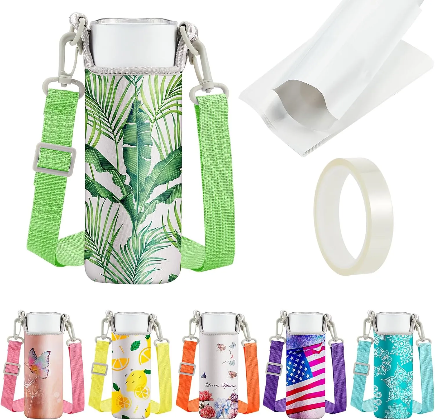 Tanlade 19 Pcs Sublimation Water Bottle Bag Blanks 26 oz Include 6 Insulated Blank Water Bottle Holder 6 Shoulder Adjustable Strap 6 Shrink Wrap Bags 1 Roll Heat Tape for Adult Kid Hiking