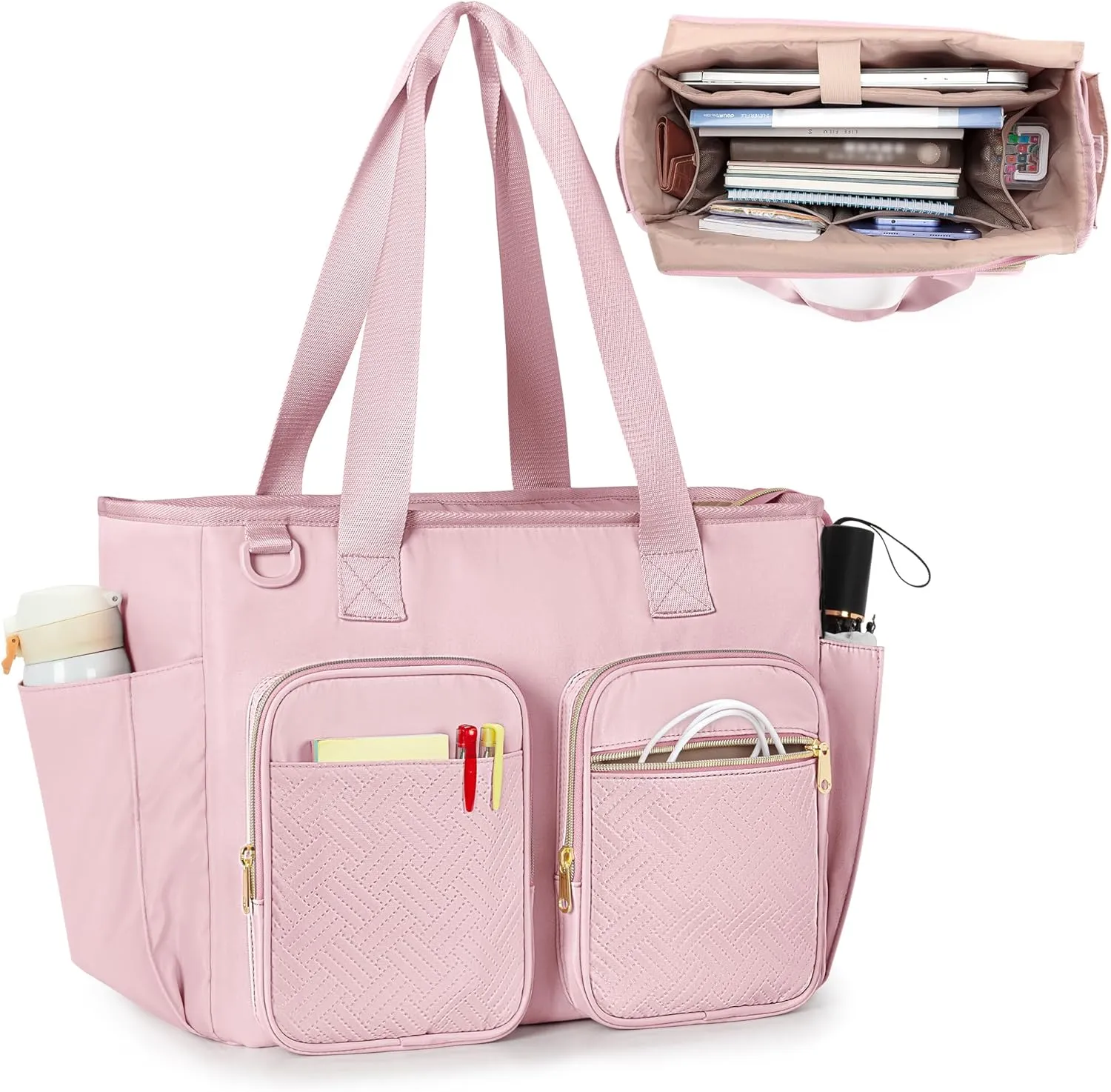 Teacher Tote Bag with Laptop Compartment, Large Teacher Utility Bag for Women Work and Teacher Supplies, Pink (Empty Bag, Patent Design)