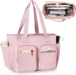 Teacher Tote Bag with Laptop Compartment, Large Teacher Utility Bag for Women Work and Teacher Supplies, Pink (Empty Bag, Patent Design)