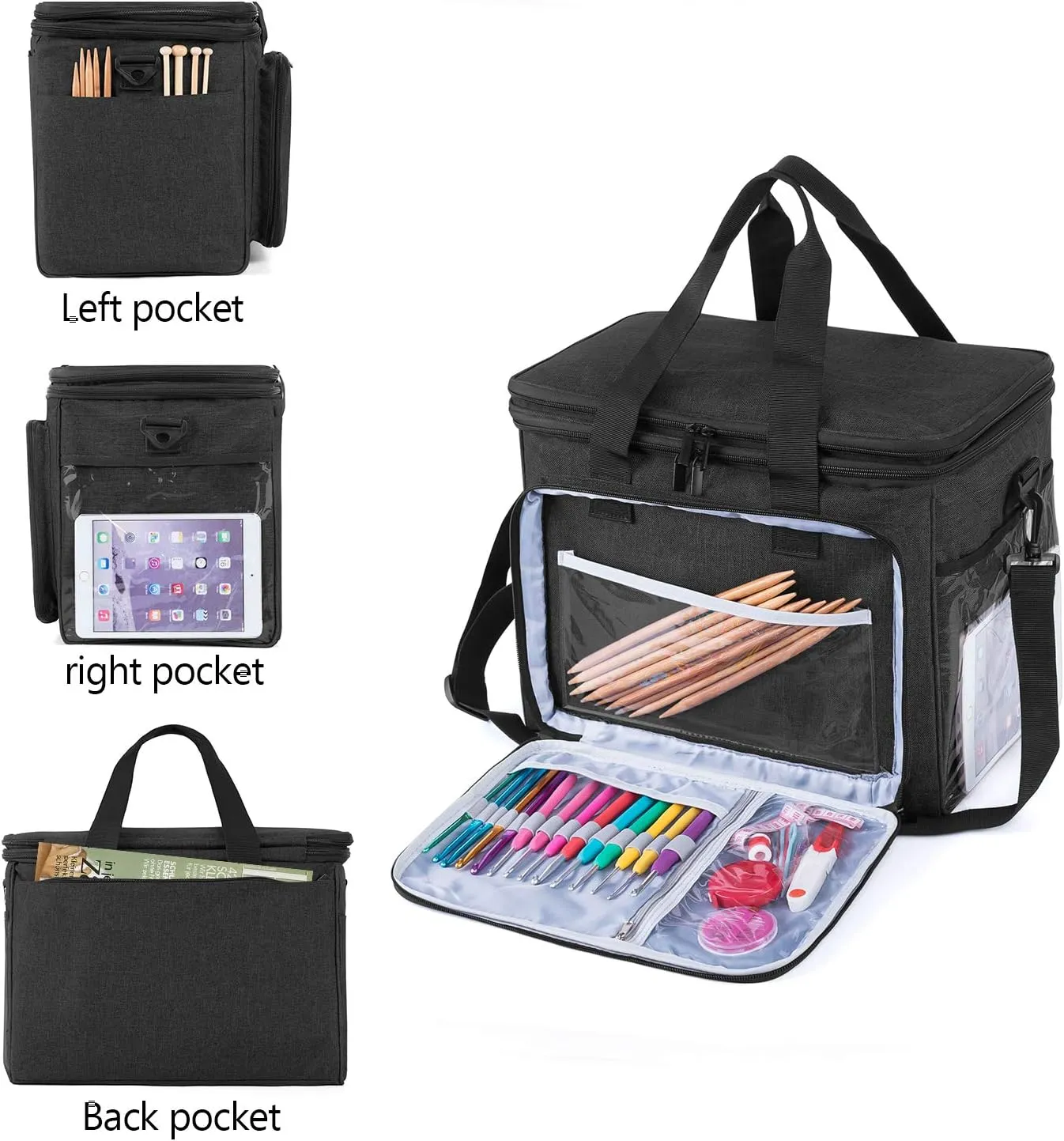 Teamoy Knitting Bag, Yarn Tote Organizer with Cover and Inner Divider (Sewn to Bottom) for Crochet Hooks, Knitting Needles(up to 14”), Project and Supplies, Black(No Accessories Included)