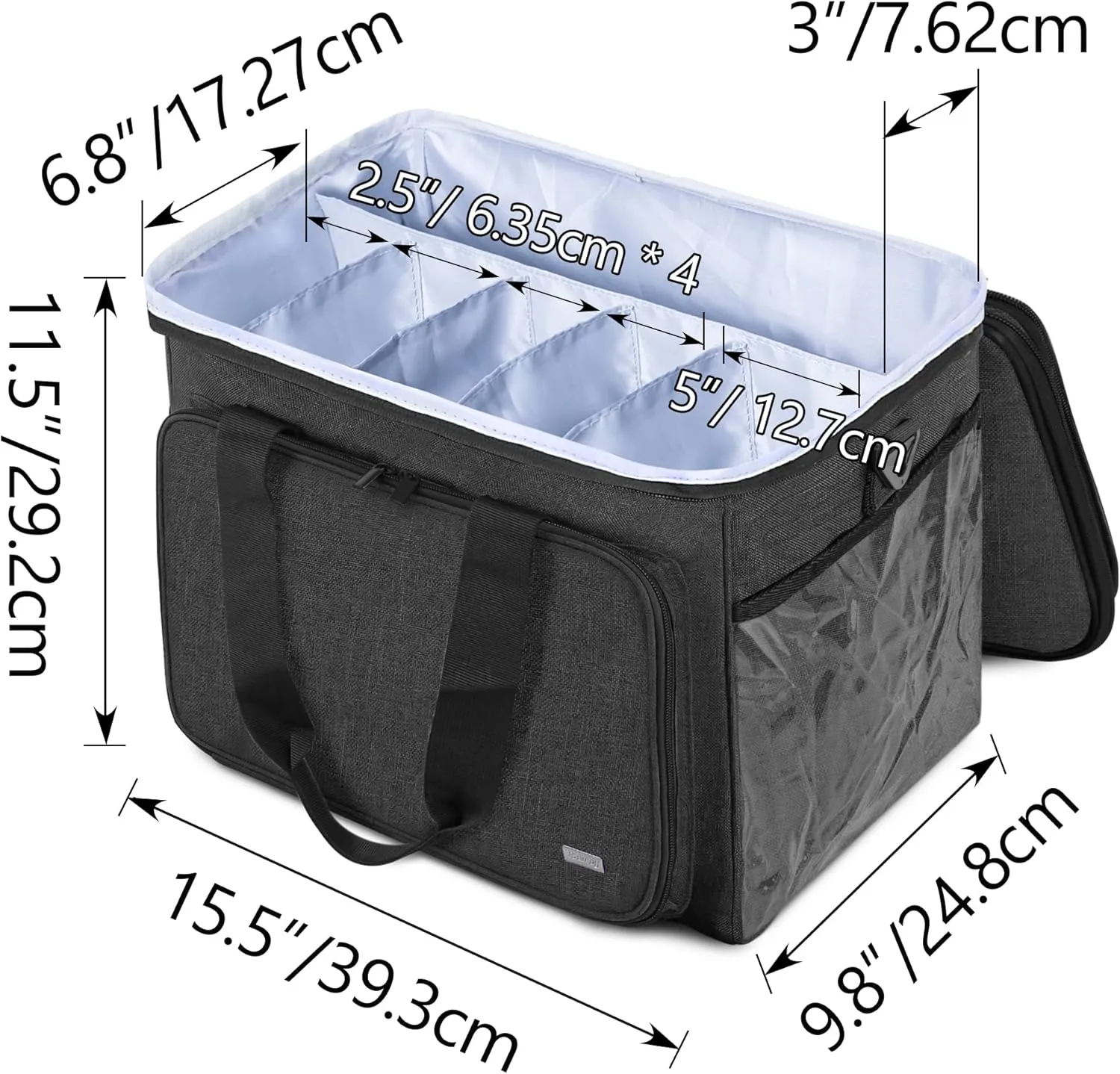 Teamoy Knitting Bag, Yarn Tote Organizer with Cover and Inner Divider (Sewn to Bottom) for Crochet Hooks, Knitting Needles(up to 14”), Project and Supplies, Black(No Accessories Included)