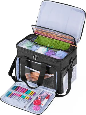 Teamoy Knitting Bag, Yarn Tote Organizer with Cover and Inner Divider (Sewn to Bottom) for Crochet Hooks, Knitting Needles(up to 14”), Project and Supplies, Black(No Accessories Included)