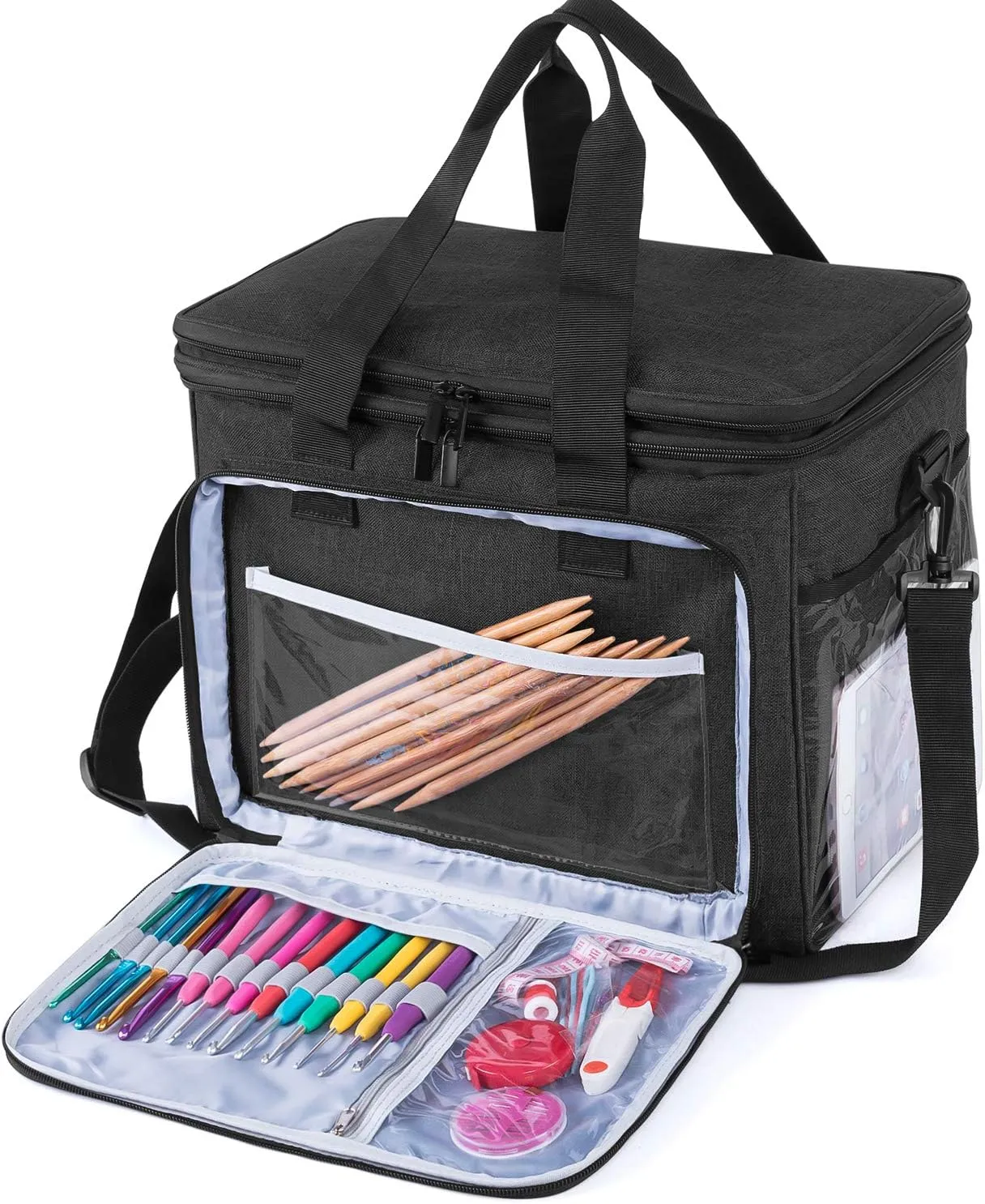 Teamoy Knitting Bag, Yarn Tote Organizer with Cover and Inner Divider (Sewn to Bottom) for Crochet Hooks, Knitting Needles(up to 14”), Project and Supplies, Black(No Accessories Included)