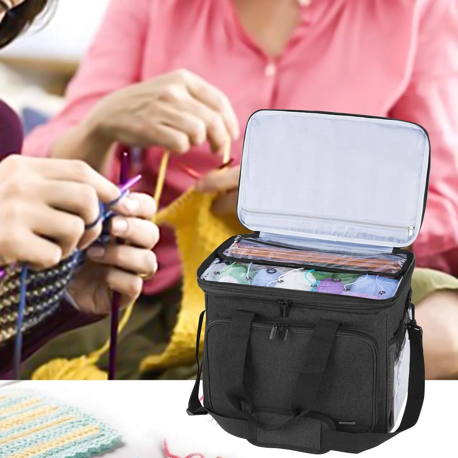 Teamoy Knitting Bag, Yarn Tote Organizer with Cover and Inner Divider (Sewn to Bottom) for Crochet Hooks, Knitting Needles(up to 14”), Project and Supplies, Black(No Accessories Included)