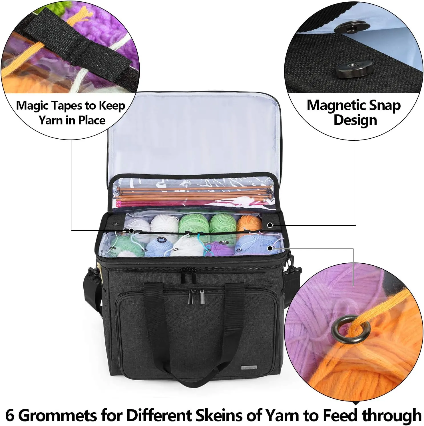 Teamoy Knitting Bag, Yarn Tote Organizer with Cover and Inner Divider (Sewn to Bottom) for Crochet Hooks, Knitting Needles(up to 14”), Project and Supplies, Black(No Accessories Included)