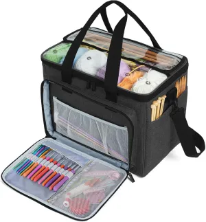 Teamoy Knitting Bag, Yarn Tote Organizer with Inner Divider (Sewn to Bottom) for Crochet Hooks, Knitting Needles(Up to 14”), Project and Supplies, Black -No Accessories Included