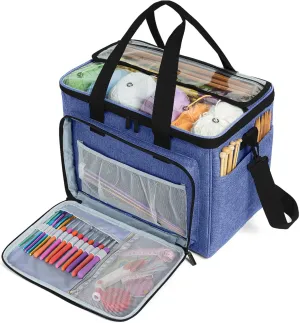 Teamoy Knitting Bag, Yarn Tote Organizer with Inner Divider (Sewn to Bottom) for Crochet Hooks, Knitting Needles(Up to 14”), Project and Supplies, Dark Blue -No Accessories Included
