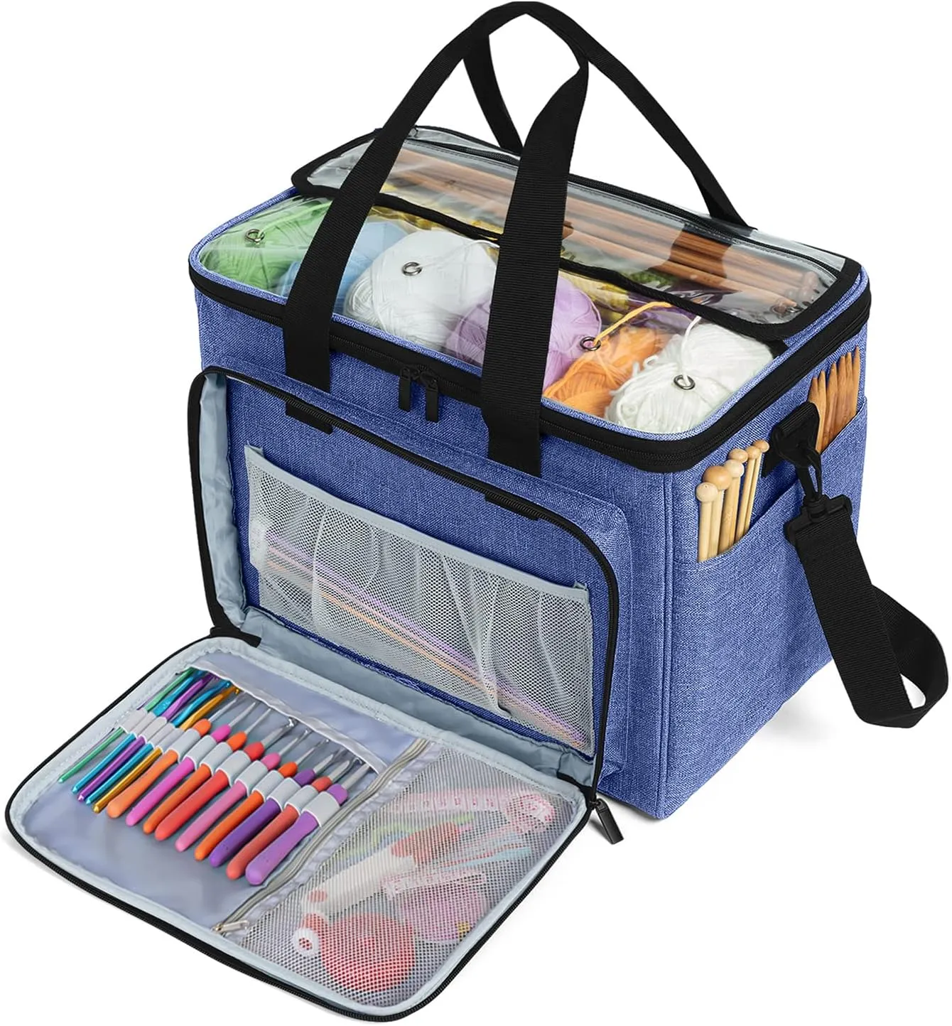 Teamoy Knitting Bag, Yarn Tote Organizer with Inner Divider (Sewn to Bottom) for Crochet Hooks, Knitting Needles(Up to 14”), Project and Supplies, Dark Blue -No Accessories Included