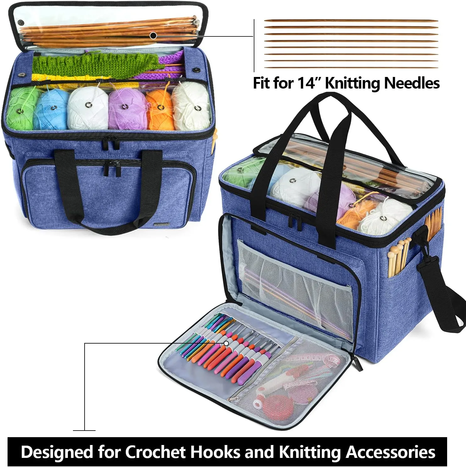 Teamoy Knitting Bag, Yarn Tote Organizer with Inner Divider (Sewn to Bottom) for Crochet Hooks, Knitting Needles(Up to 14”), Project and Supplies, Dark Blue -No Accessories Included