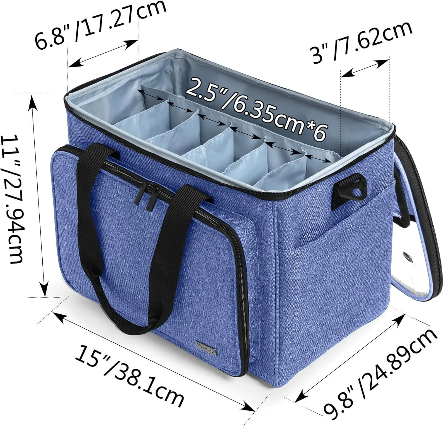 Teamoy Knitting Bag, Yarn Tote Organizer with Inner Divider (Sewn to Bottom) for Crochet Hooks, Knitting Needles(Up to 14”), Project and Supplies, Dark Blue -No Accessories Included