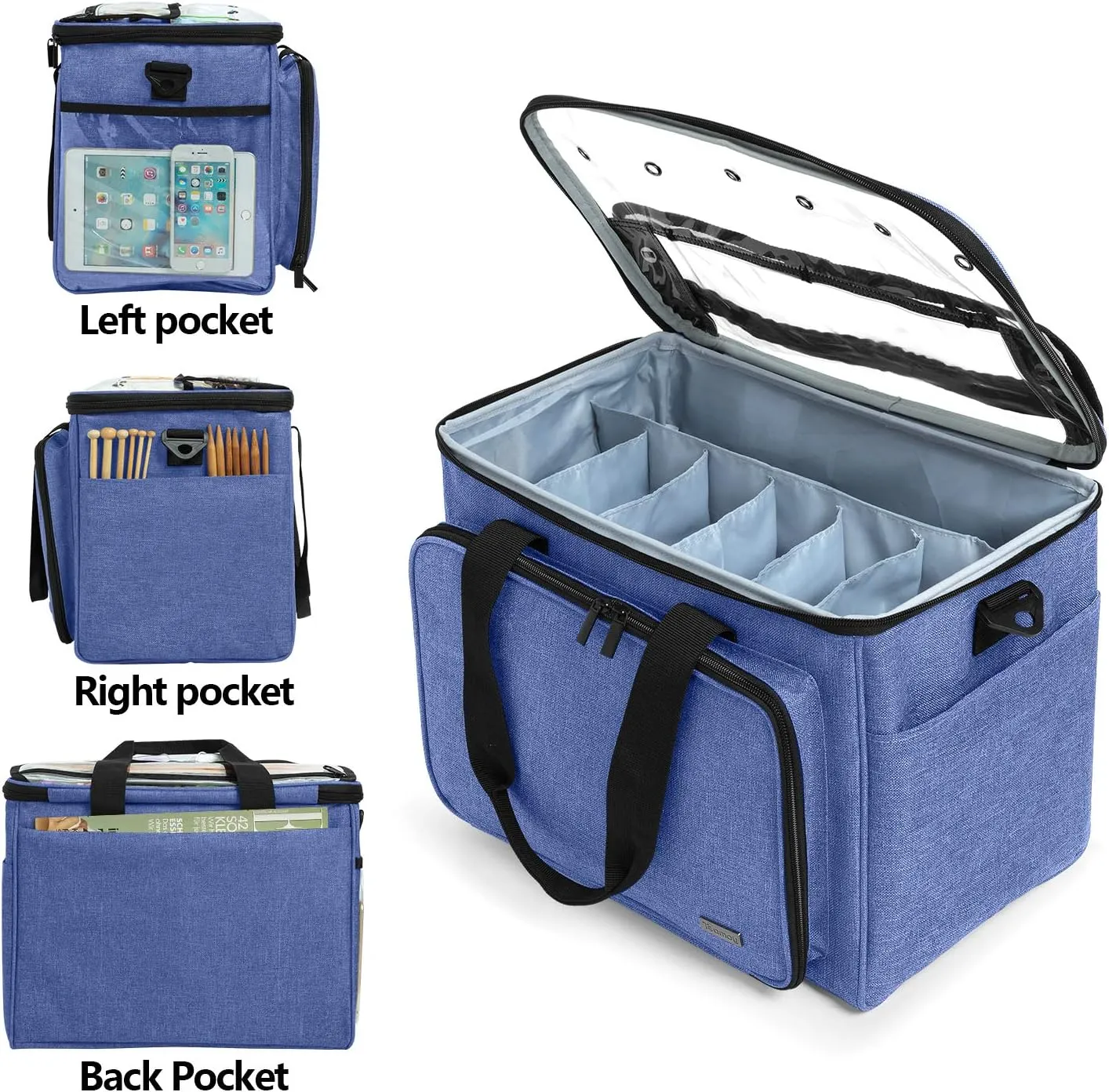 Teamoy Knitting Bag, Yarn Tote Organizer with Inner Divider (Sewn to Bottom) for Crochet Hooks, Knitting Needles(Up to 14”), Project and Supplies, Dark Blue -No Accessories Included