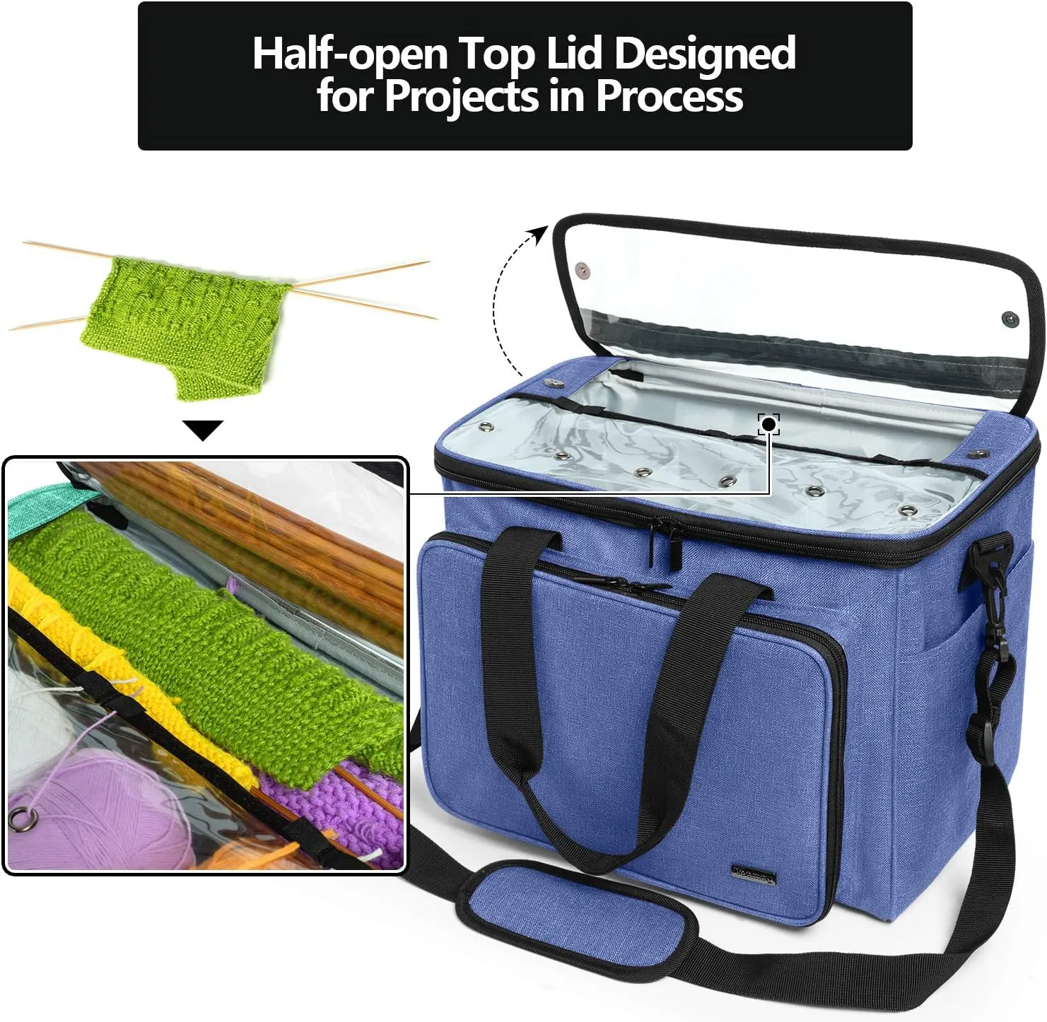Teamoy Knitting Bag, Yarn Tote Organizer with Inner Divider (Sewn to Bottom) for Crochet Hooks, Knitting Needles(Up to 14”), Project and Supplies, Dark Blue -No Accessories Included