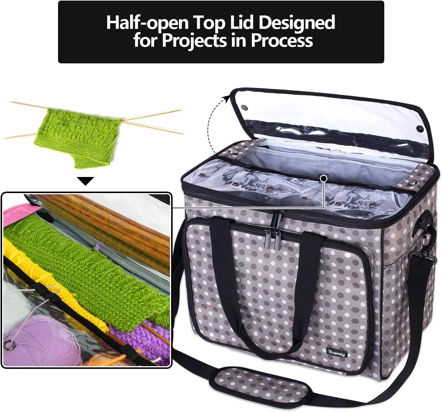 Teamoy Knitting Bag, Yarn Tote Organizer with Inner Divider (Sewn to Bottom) for Crochet Hooks, Knitting Needles(Up to 14”), Project and Supplies, Gray Dots -No Accessories Included