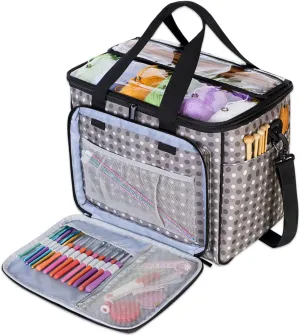 Teamoy Knitting Bag, Yarn Tote Organizer with Inner Divider (Sewn to Bottom) for Crochet Hooks, Knitting Needles(Up to 14”), Project and Supplies, Gray Dots -No Accessories Included