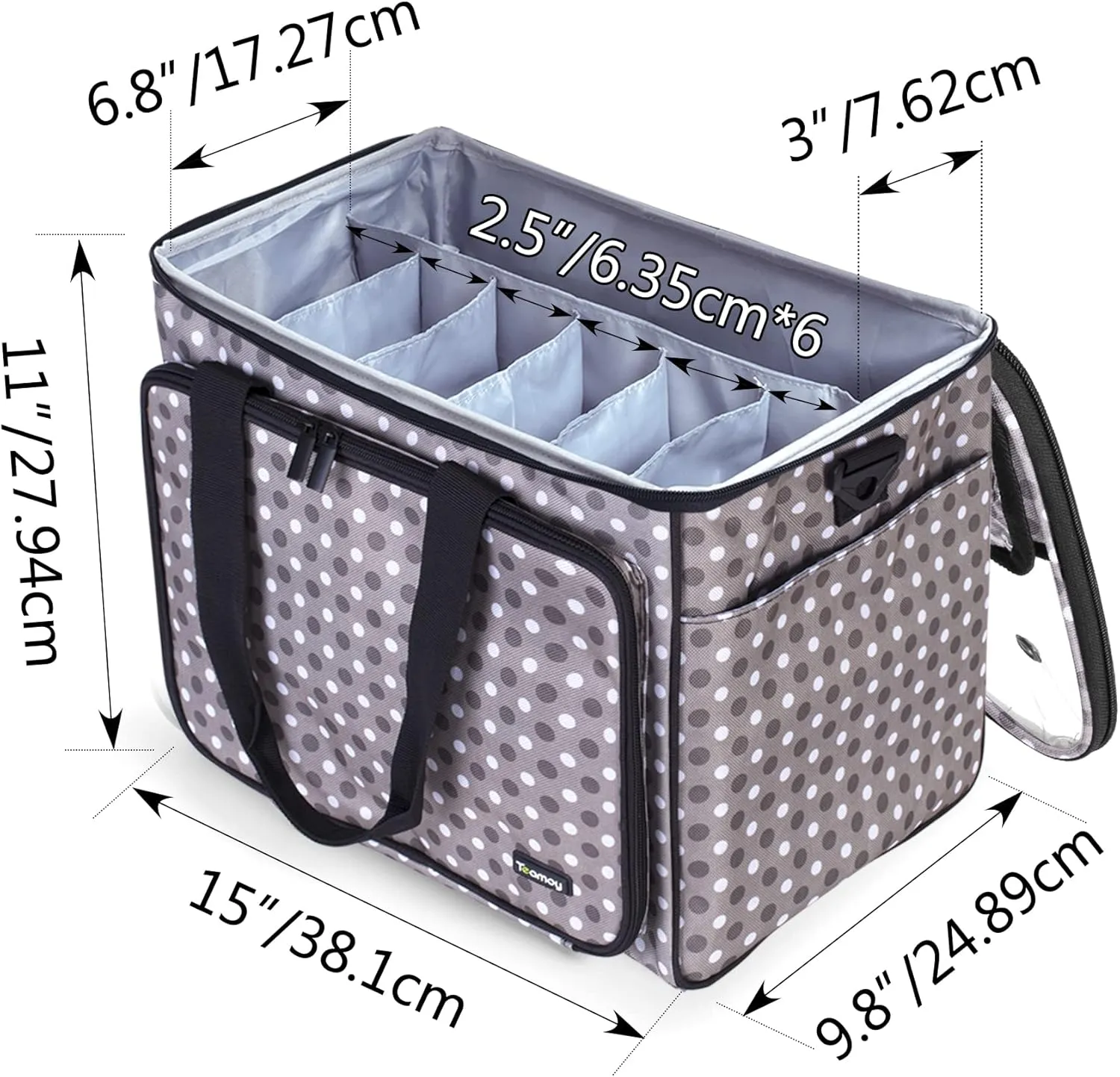 Teamoy Knitting Bag, Yarn Tote Organizer with Inner Divider (Sewn to Bottom) for Crochet Hooks, Knitting Needles(Up to 14”), Project and Supplies, Gray Dots -No Accessories Included