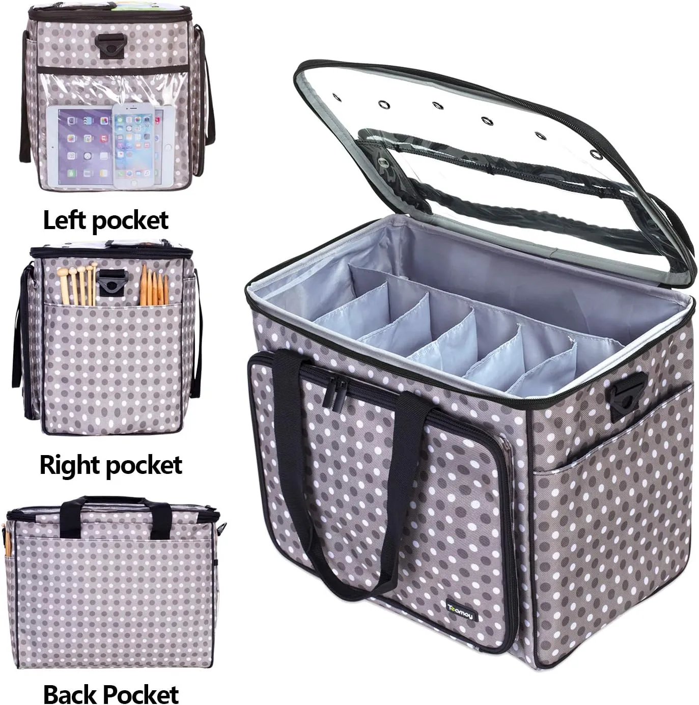 Teamoy Knitting Bag, Yarn Tote Organizer with Inner Divider (Sewn to Bottom) for Crochet Hooks, Knitting Needles(Up to 14”), Project and Supplies, Gray Dots -No Accessories Included
