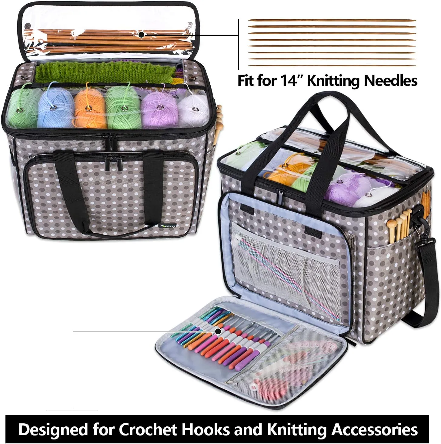 Teamoy Knitting Bag, Yarn Tote Organizer with Inner Divider (Sewn to Bottom) for Crochet Hooks, Knitting Needles(Up to 14”), Project and Supplies, Gray Dots -No Accessories Included