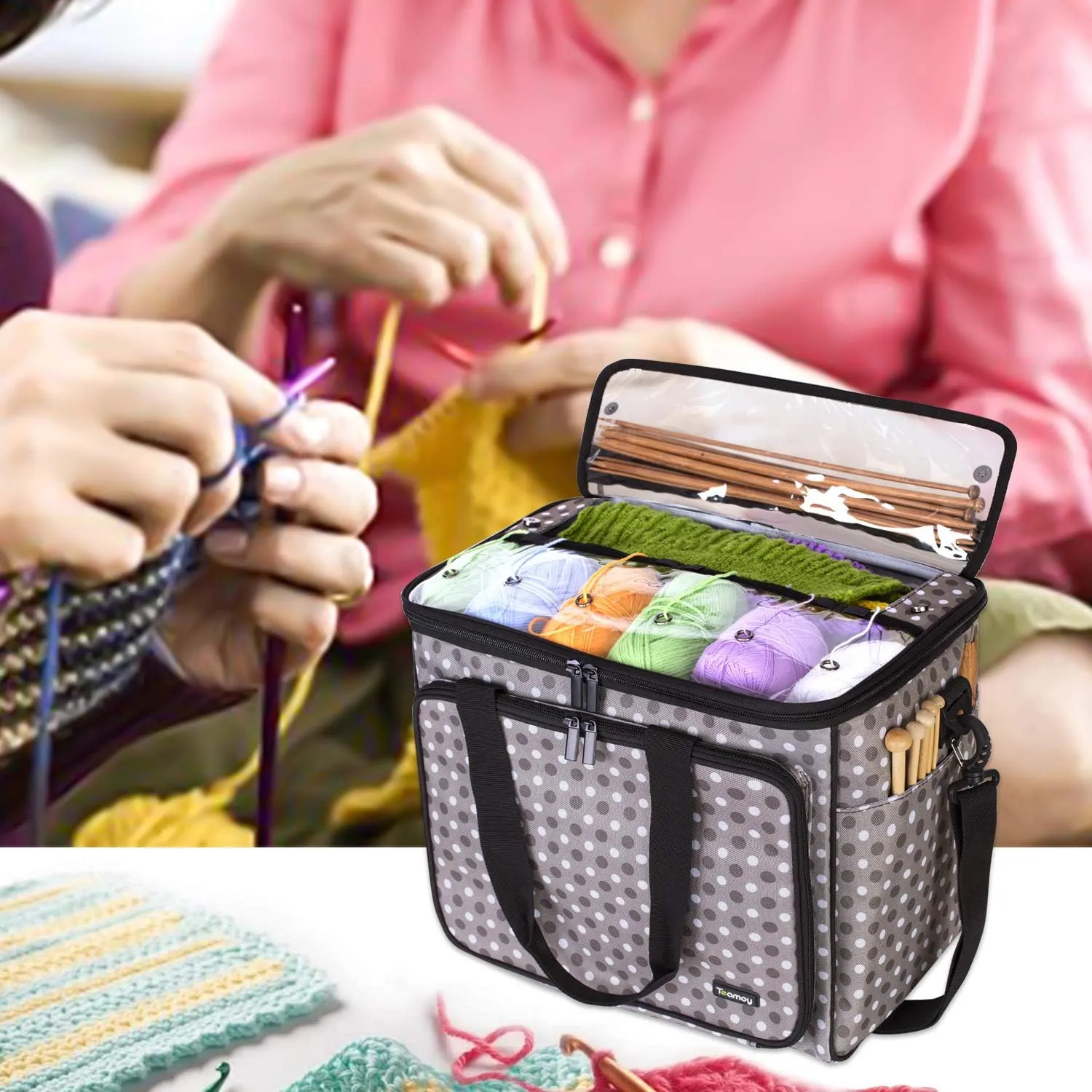 Teamoy Knitting Bag, Yarn Tote Organizer with Inner Divider (Sewn to Bottom) for Crochet Hooks, Knitting Needles(Up to 14”), Project and Supplies, Gray Dots -No Accessories Included