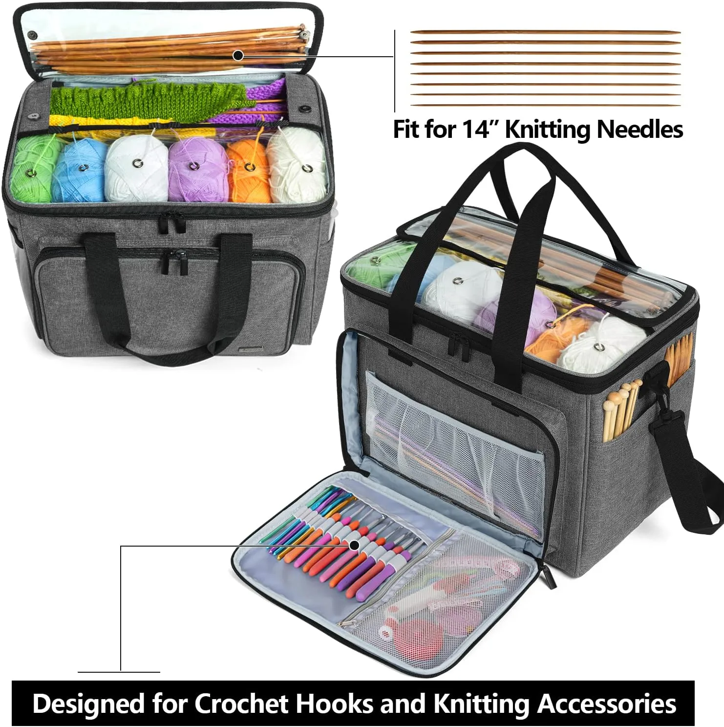 Teamoy Knitting Bag, Yarn Tote Organizer with Inner Divider (Sewn to Bottom) for Crochet Hooks, Knitting Needles(Up to 14”), Project and Supplies -No Accessories Included, Gray