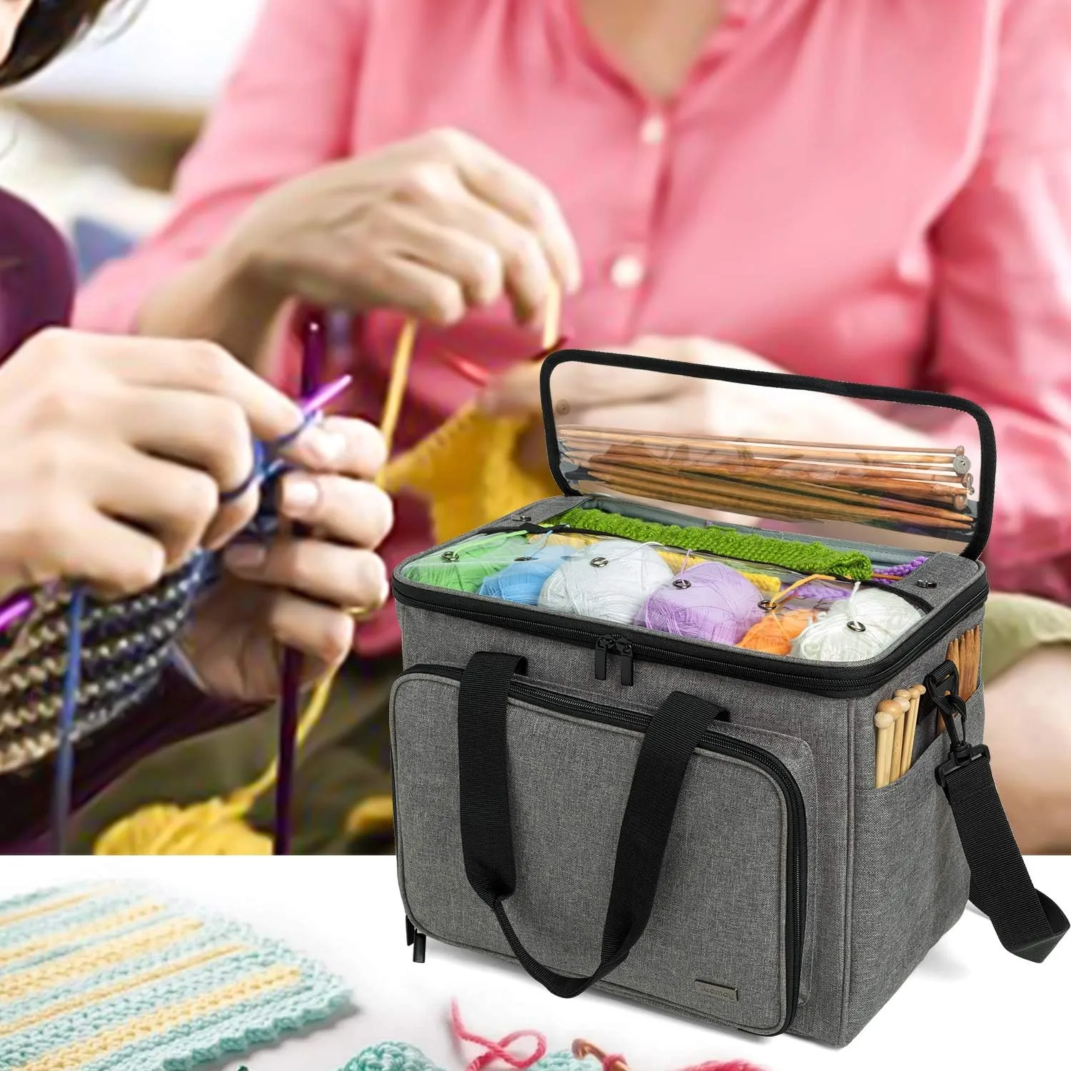 Teamoy Knitting Bag, Yarn Tote Organizer with Inner Divider (Sewn to Bottom) for Crochet Hooks, Knitting Needles(Up to 14”), Project and Supplies -No Accessories Included, Gray