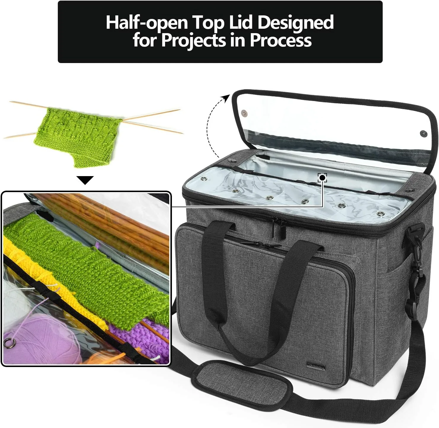 Teamoy Knitting Bag, Yarn Tote Organizer with Inner Divider (Sewn to Bottom) for Crochet Hooks, Knitting Needles(Up to 14”), Project and Supplies -No Accessories Included, Gray