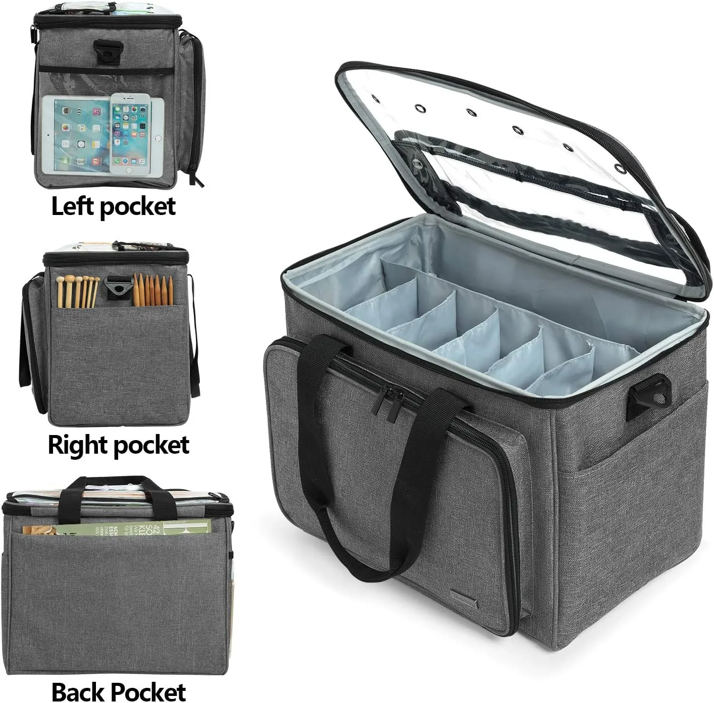 Teamoy Knitting Bag, Yarn Tote Organizer with Inner Divider (Sewn to Bottom) for Crochet Hooks, Knitting Needles(Up to 14”), Project and Supplies -No Accessories Included, Gray