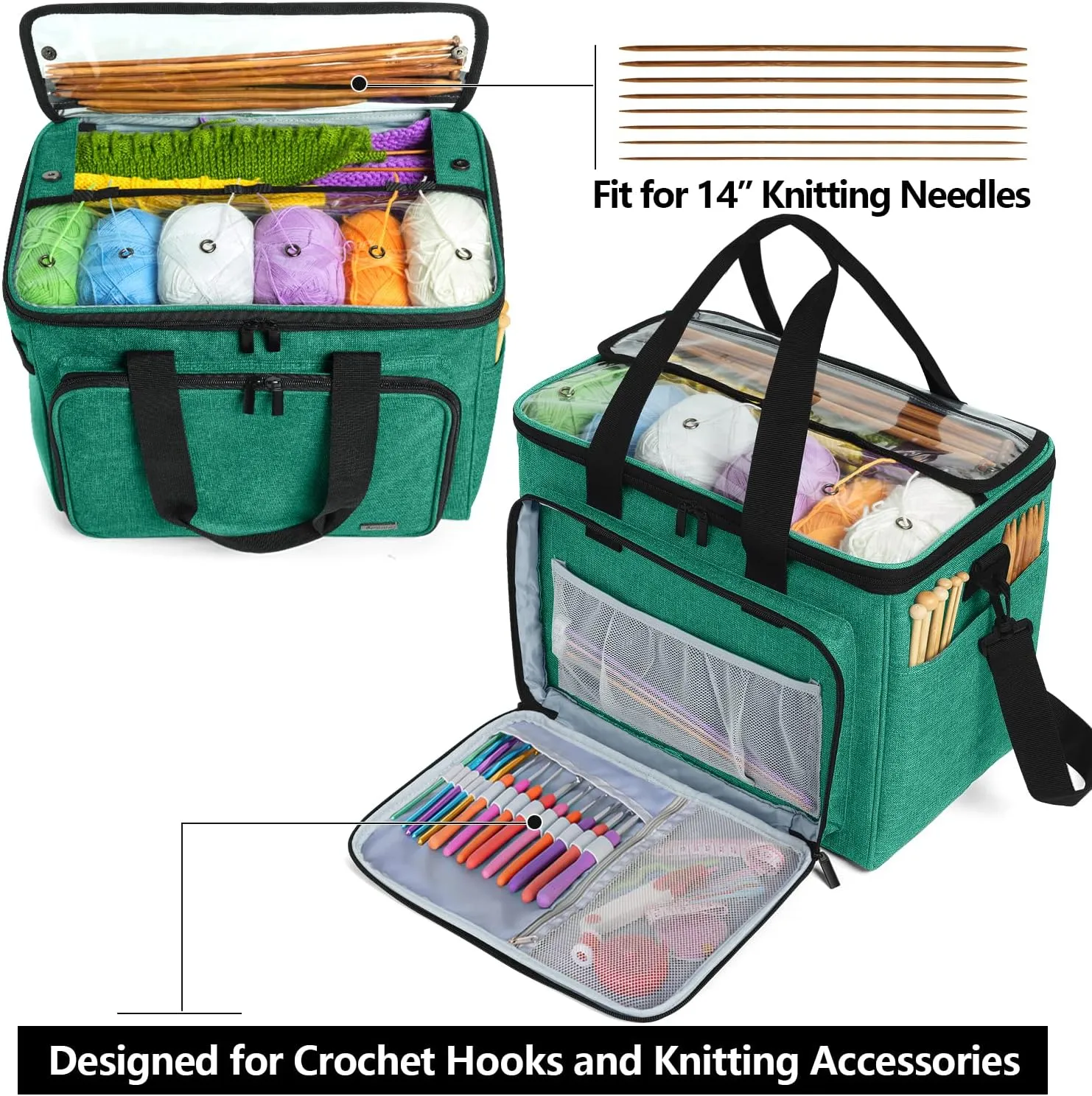 Teamoy Knitting Bag, Yarn Tote Organizer with Inner Divider (Sewn to Bottom) for Crochet Hooks, Knitting Needles(Up to 14”), Project and Supplies -No Accessories Included, Green