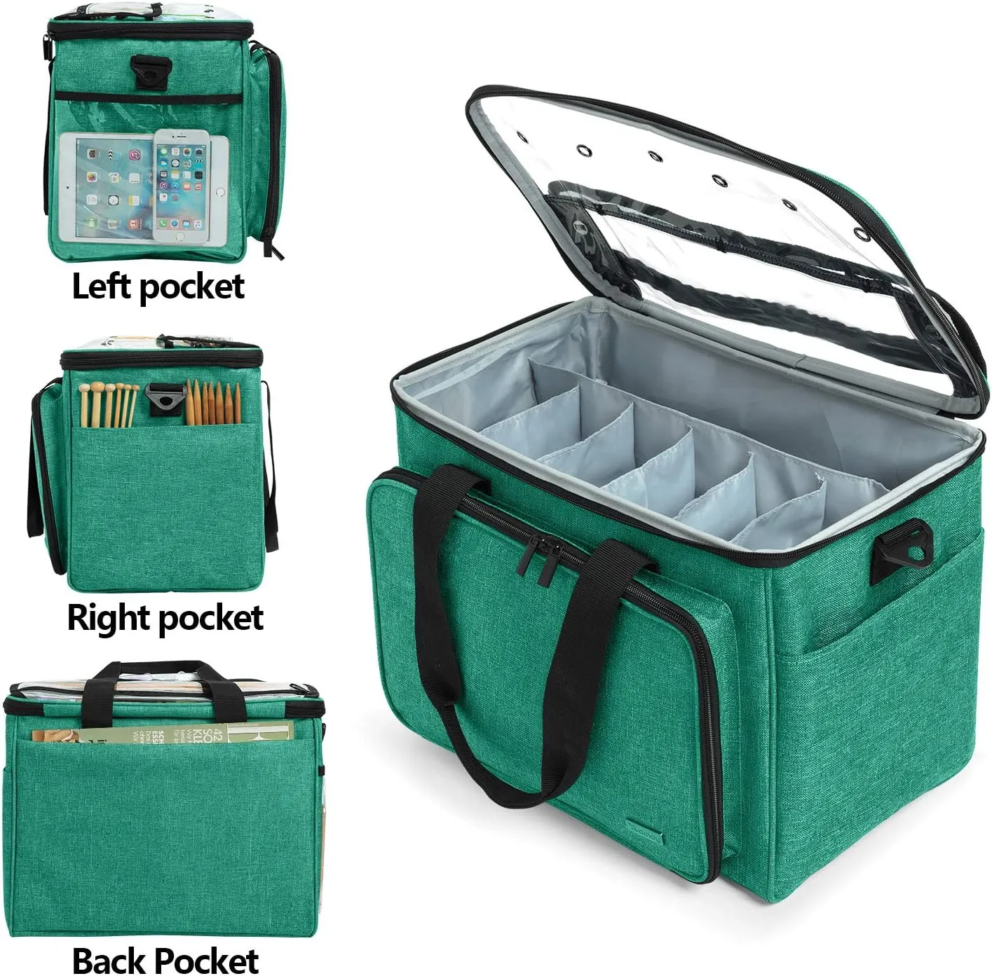 Teamoy Knitting Bag, Yarn Tote Organizer with Inner Divider (Sewn to Bottom) for Crochet Hooks, Knitting Needles(Up to 14”), Project and Supplies -No Accessories Included, Green