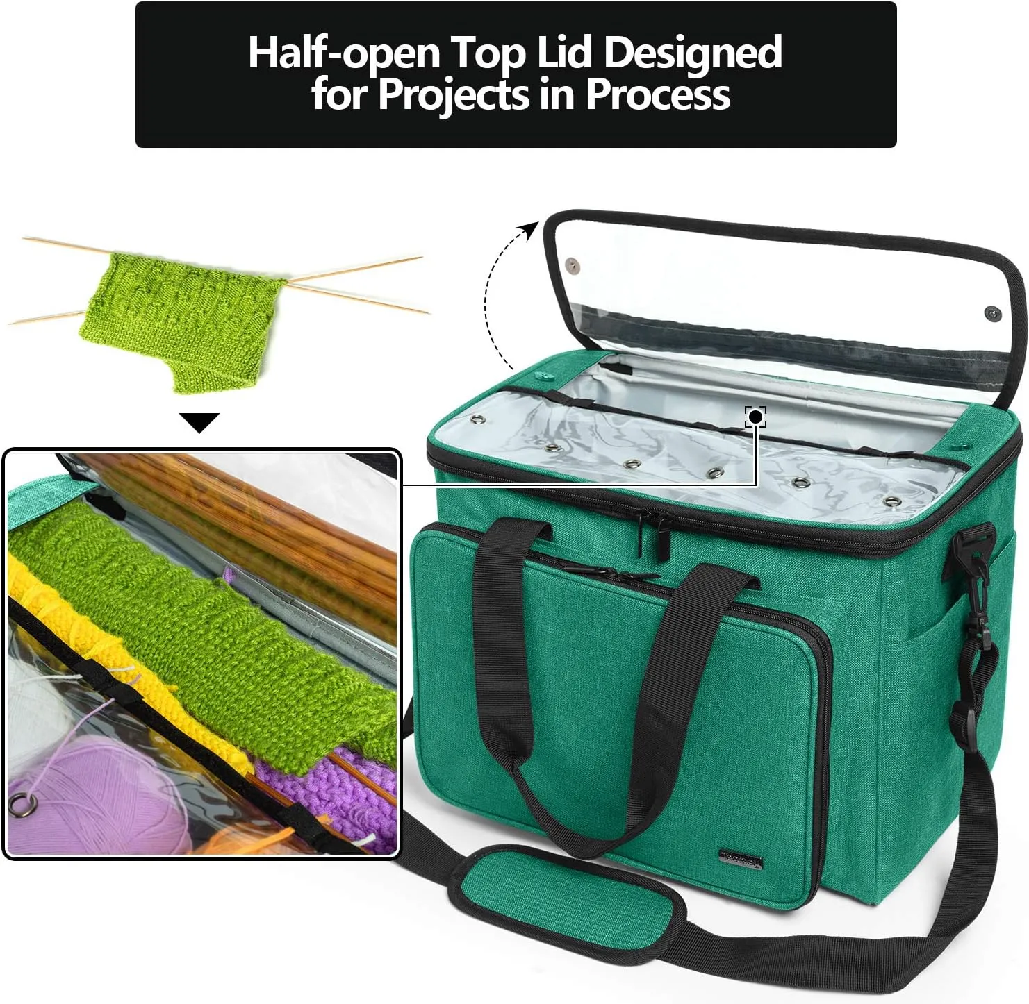 Teamoy Knitting Bag, Yarn Tote Organizer with Inner Divider (Sewn to Bottom) for Crochet Hooks, Knitting Needles(Up to 14”), Project and Supplies -No Accessories Included, Green