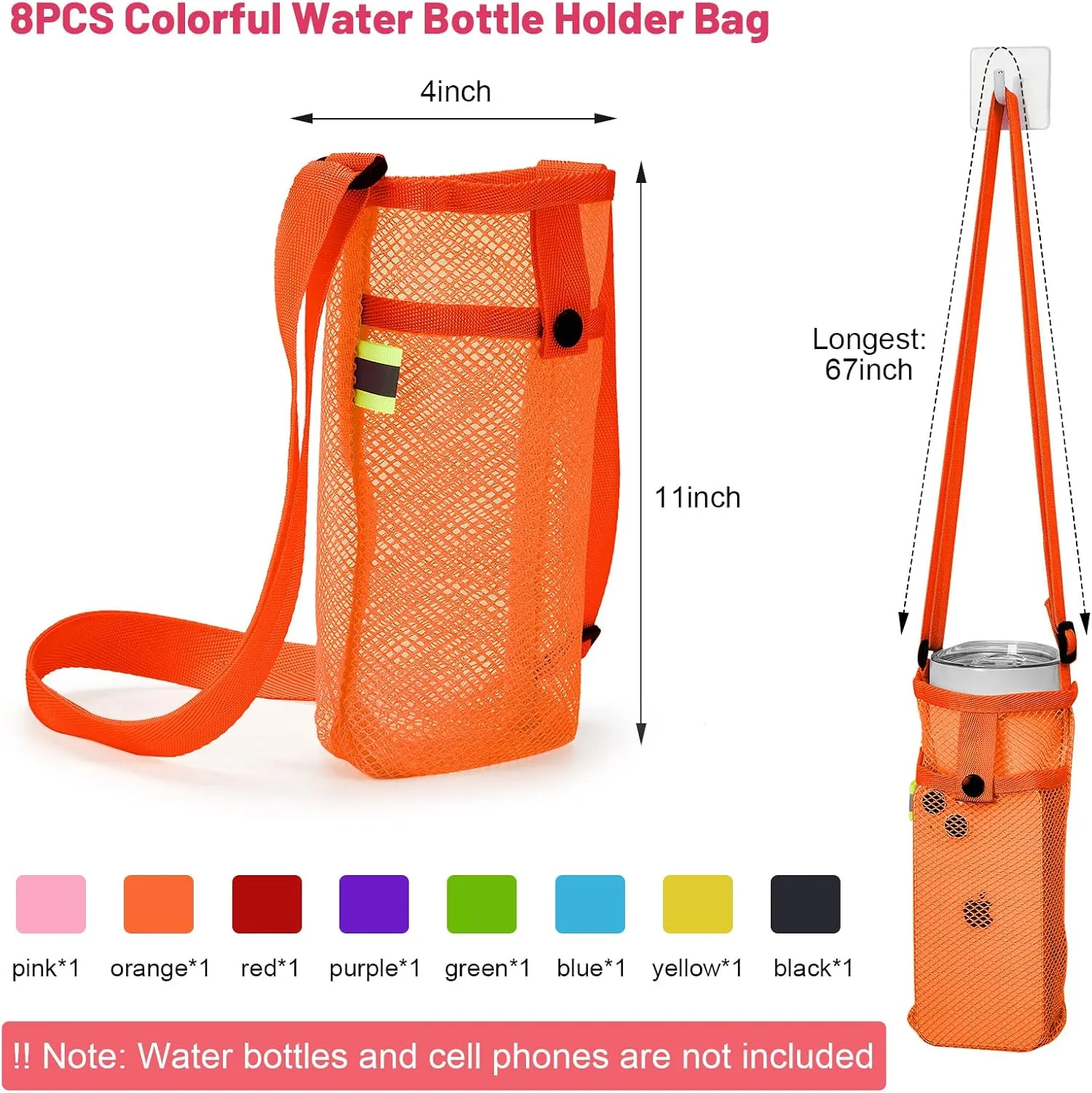 Tessco 8 Pcs Water Bottle Sling Holder with Adjustable Shoulder Strap Water Bottle Mesh Carrier Bag Sleeve Pouch Holder for Walking Sports