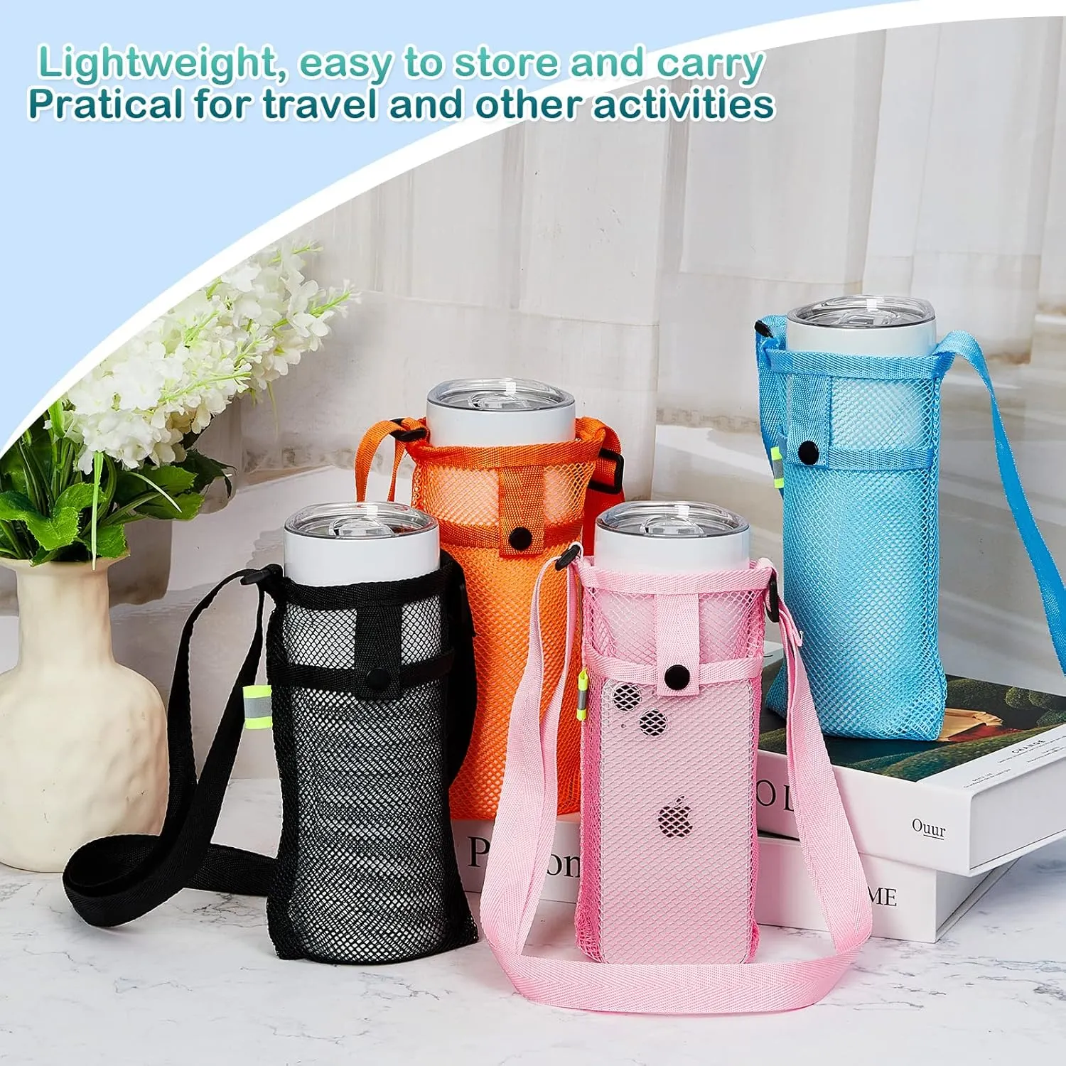 Tessco 8 Pcs Water Bottle Sling Holder with Adjustable Shoulder Strap Water Bottle Mesh Carrier Bag Sleeve Pouch Holder for Walking Sports