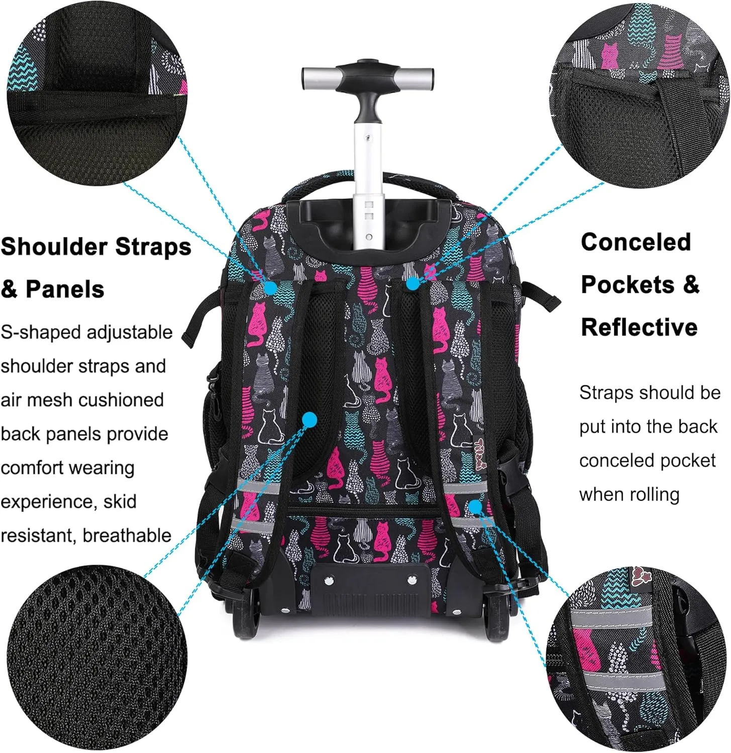 Tilami Rolling Backpack, 18 inch Shoulder Drop, Concealed Pockets and Wheel Cover, Laptop Backpack for Boys and Girls, Cat Black